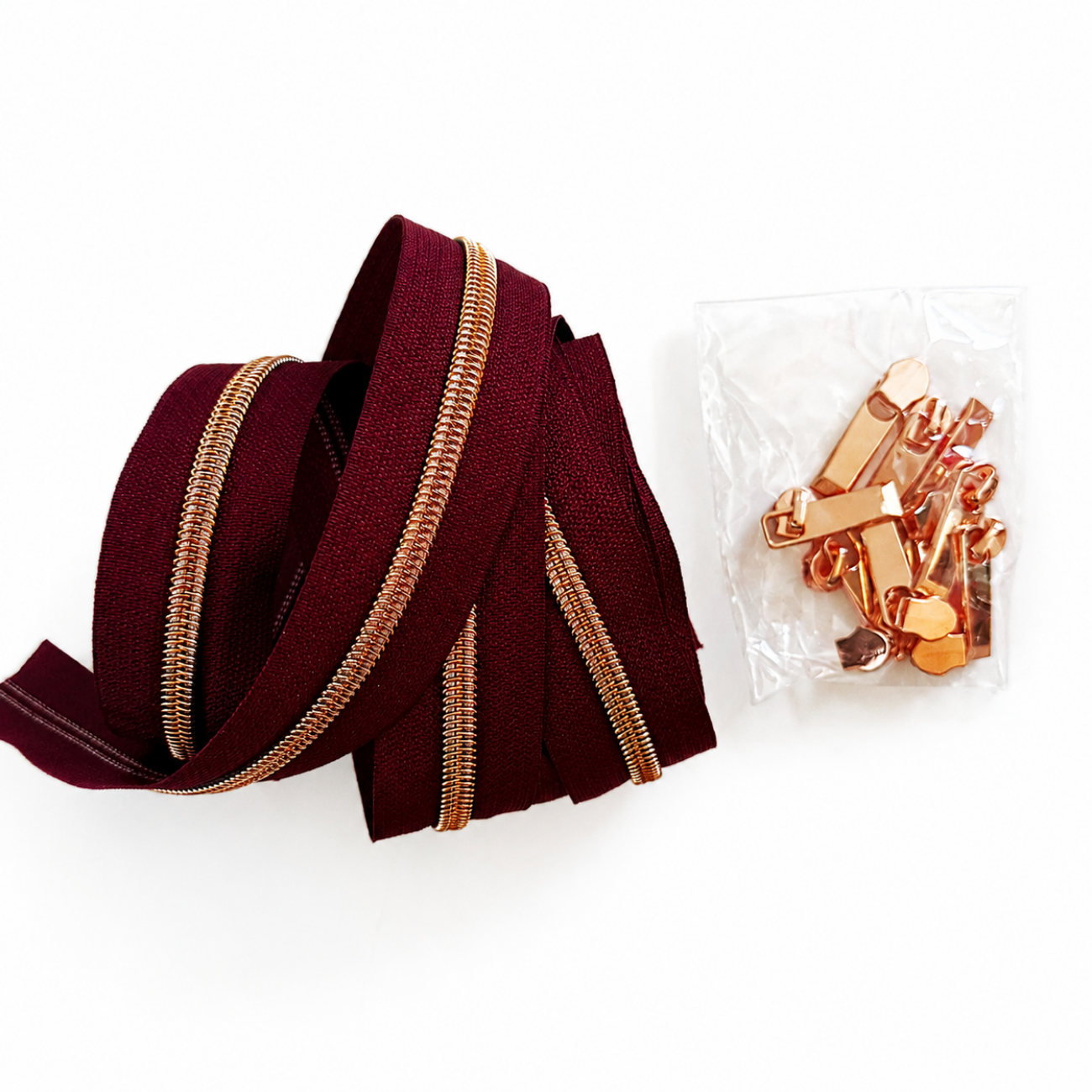 #5 Wine Red Continuous Zipper Tape with Rose Gold Teeth & Zipper Pulls – 3 Yards for Bag Making