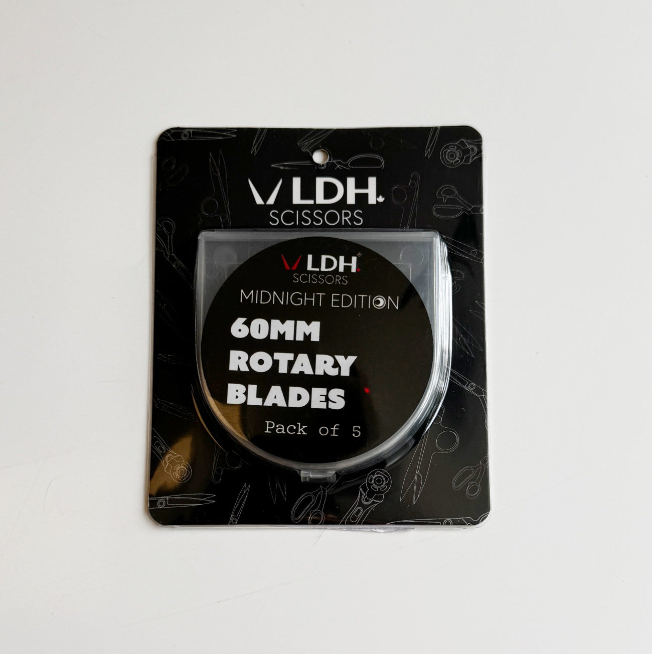 Pack of 5 LDH Scissors Midnight Edition 60mm rotary replacement blades in black retail packaging.