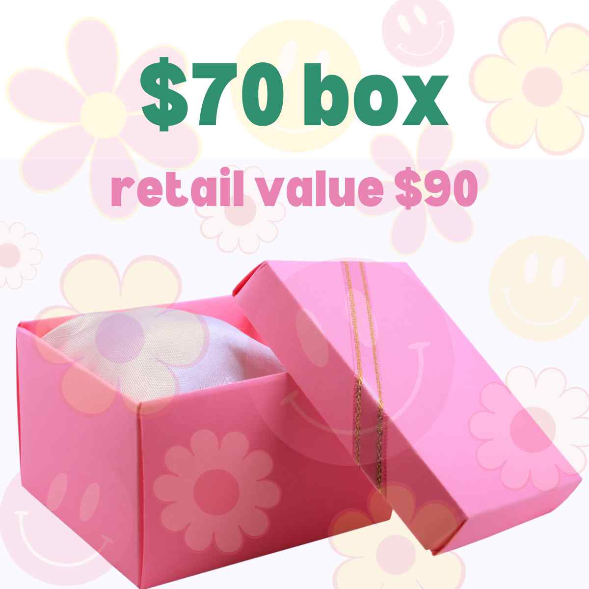 $70 box with $90 retail value, pink gift box with flower design