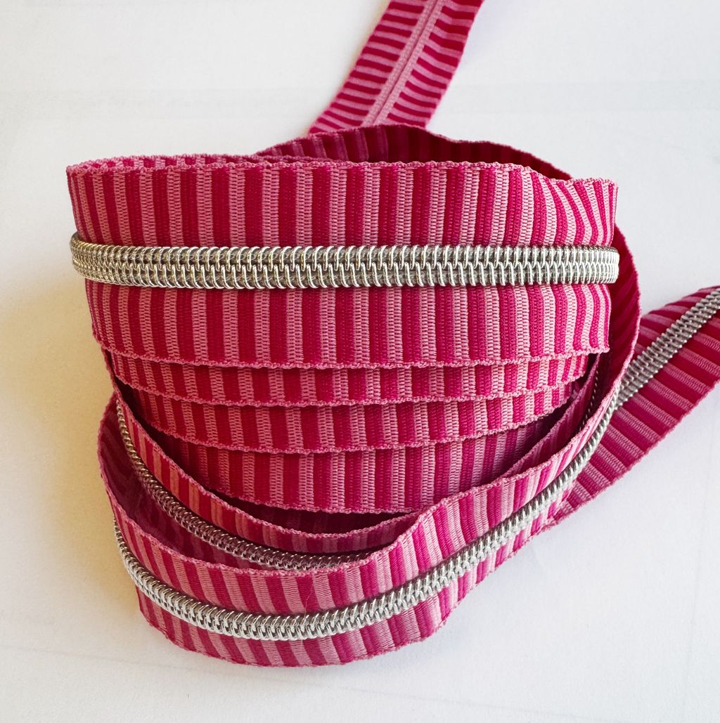 Pink Striped Jacquard Woven Zipper Tape – #5 Continuous Zipper 3 Yards | Silver Teeth