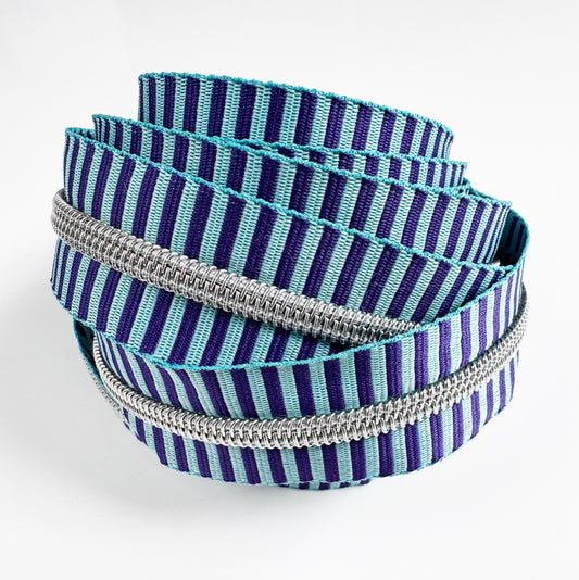 Blue & Teal Striped Jacquard Woven Zipper Tape | #5 Nylon | Silver Teeth
