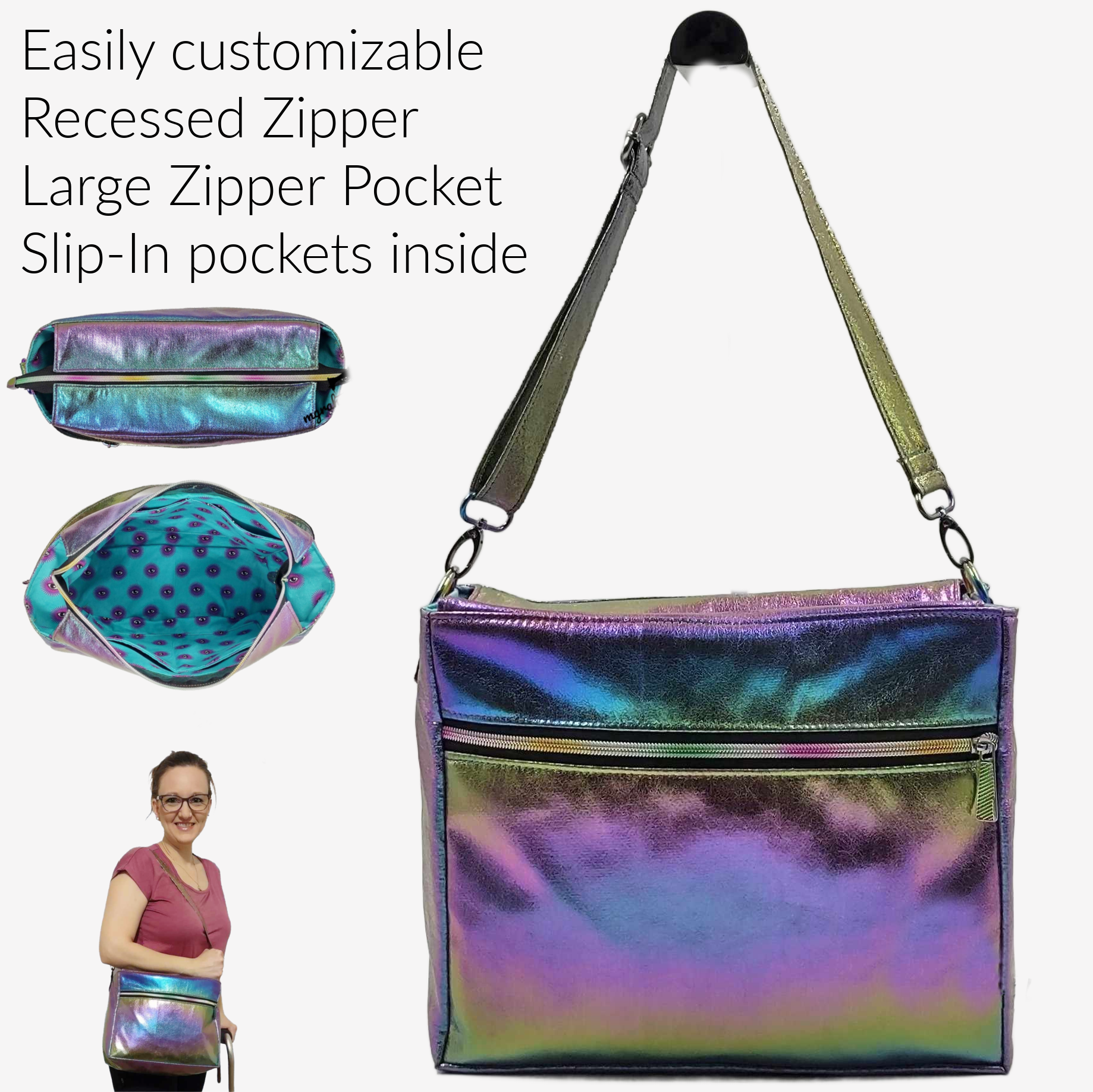 Iridescent crossbody bag with recessed zipper, large pocket, and slip-in pocket