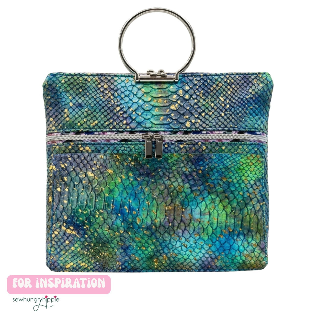 Arlo bag made from Majestic Ocean Serpent Vinyl, teal gold serpent scale