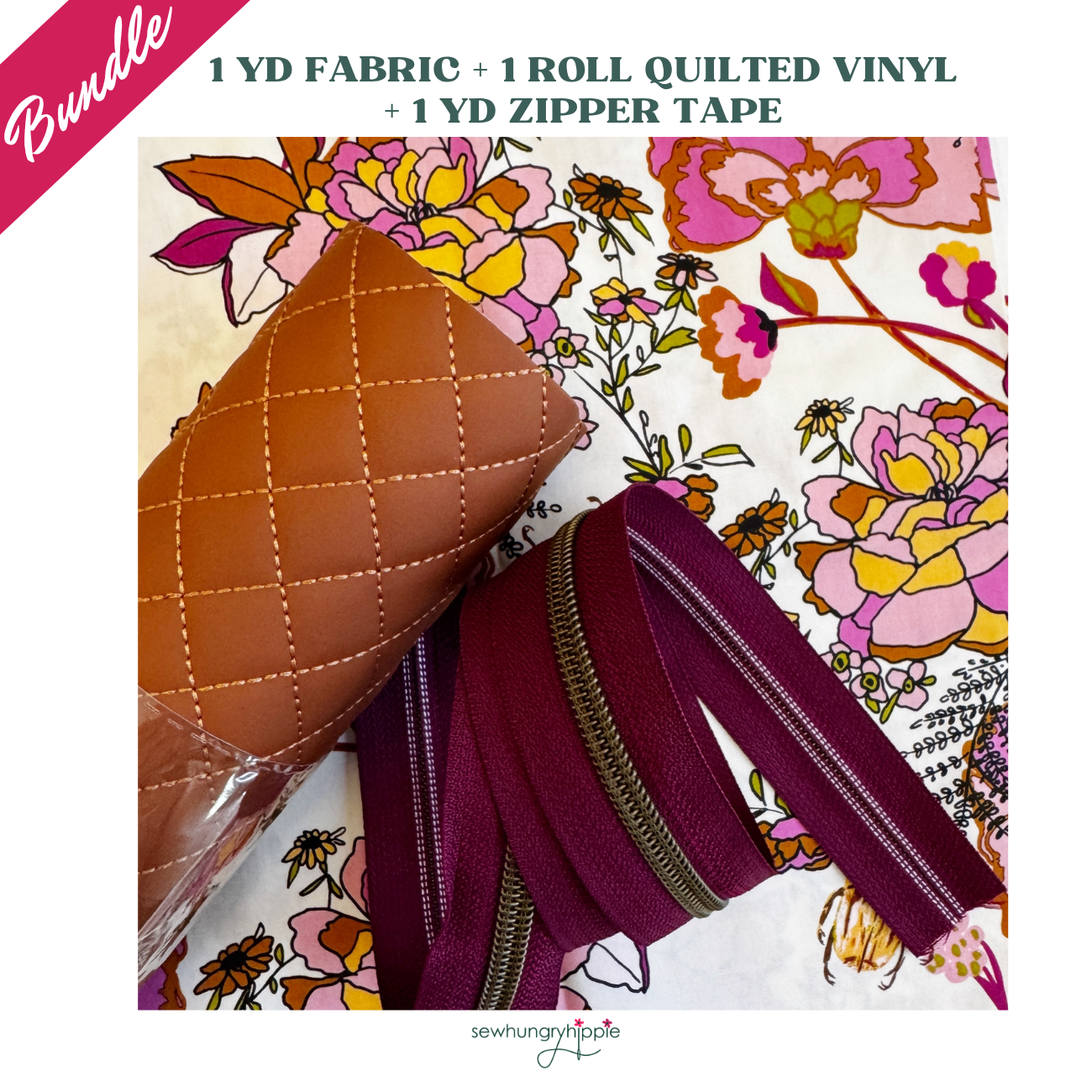 Art Gallery Floral & Quilted Vinyl Bundle – Cotton Poplin, Cinnamon Pre-Quilted Vinyl & Wine Red Zipper Tape