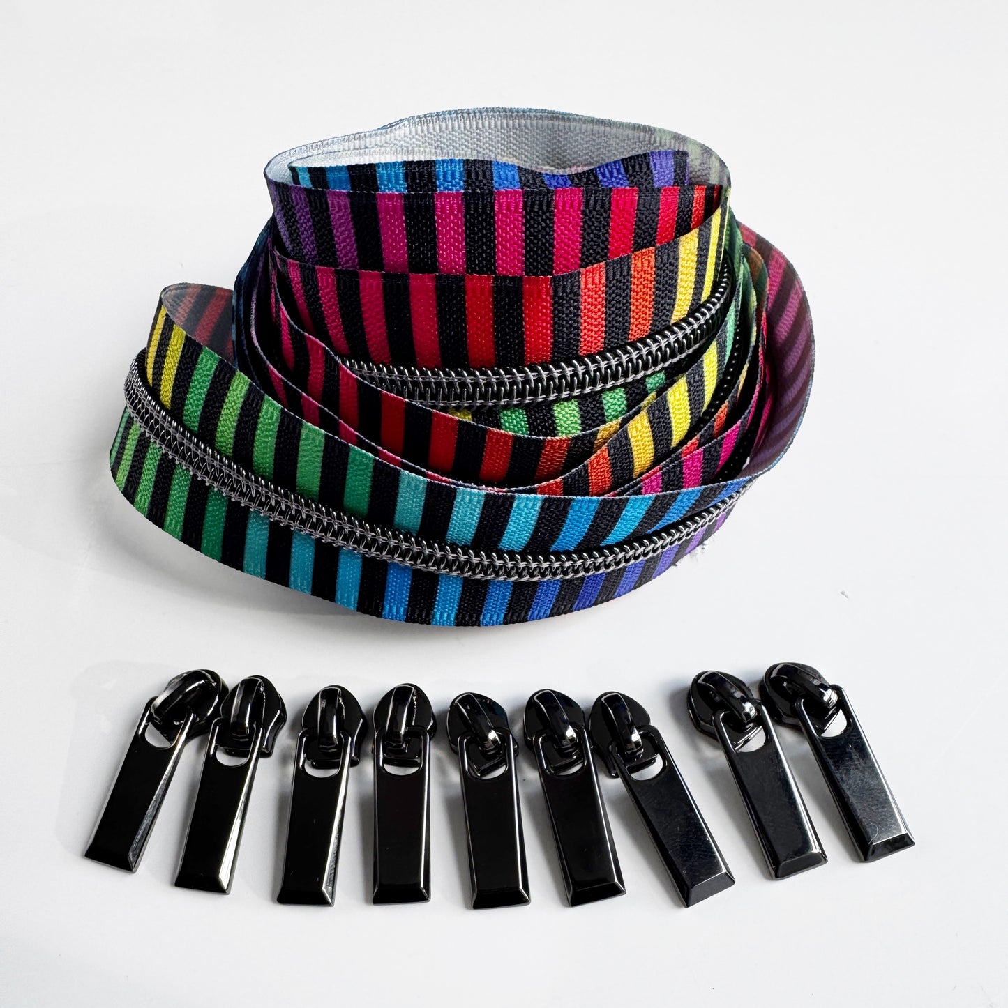 #5 Colorful Stripe Zipper Pack with Gunmetal Teeth - 3 Yards Continuous Zipper Tape with 9 Pulls