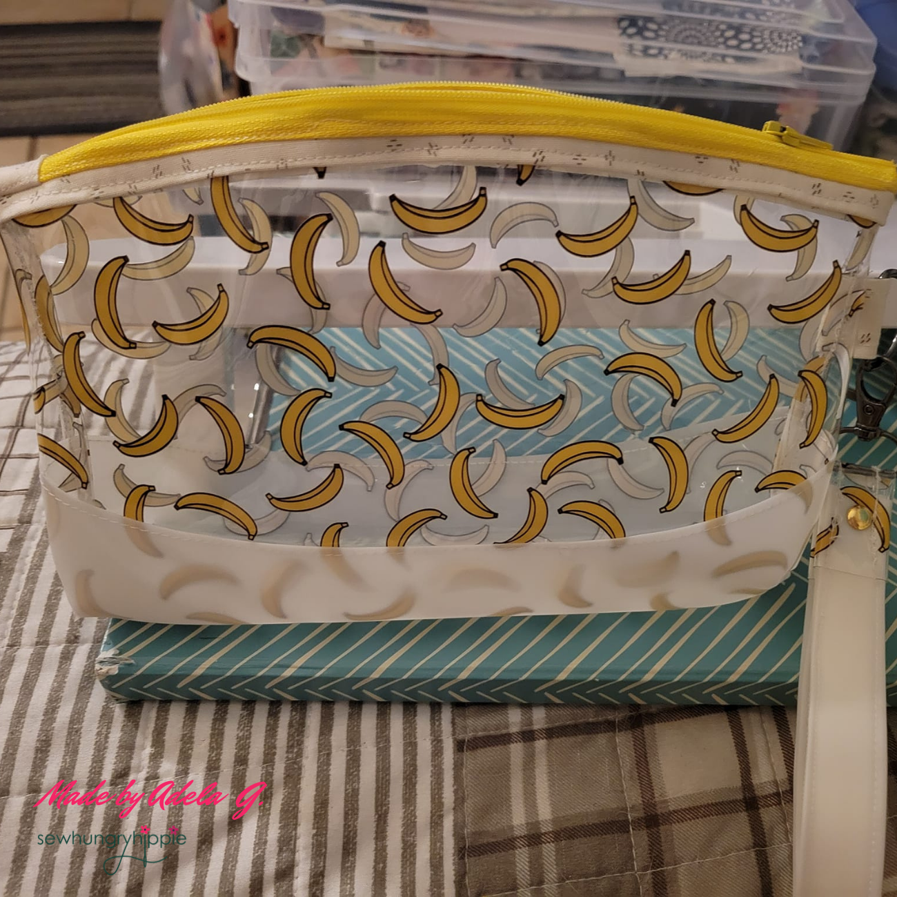zipper pouch made with cute mini banana print clear TPU vinyl