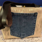 Handmade bag using Beige Gold Bands Vinyl with brown leather strap 