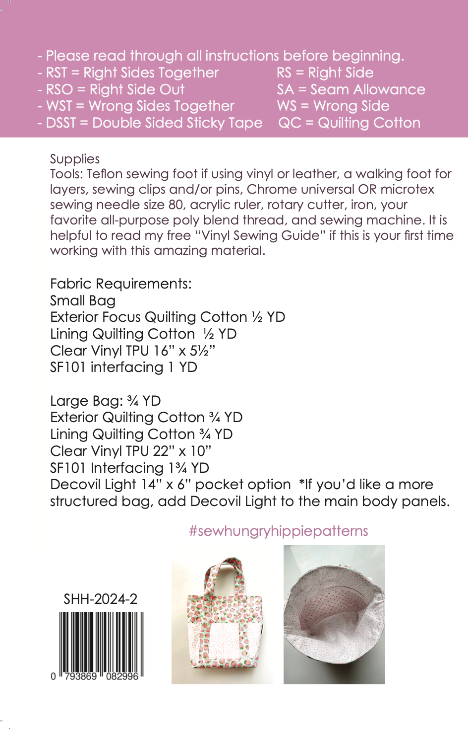 Pattern sheet for the Berry Cute Bag sewing pattern with fabric requirements and tools listed.