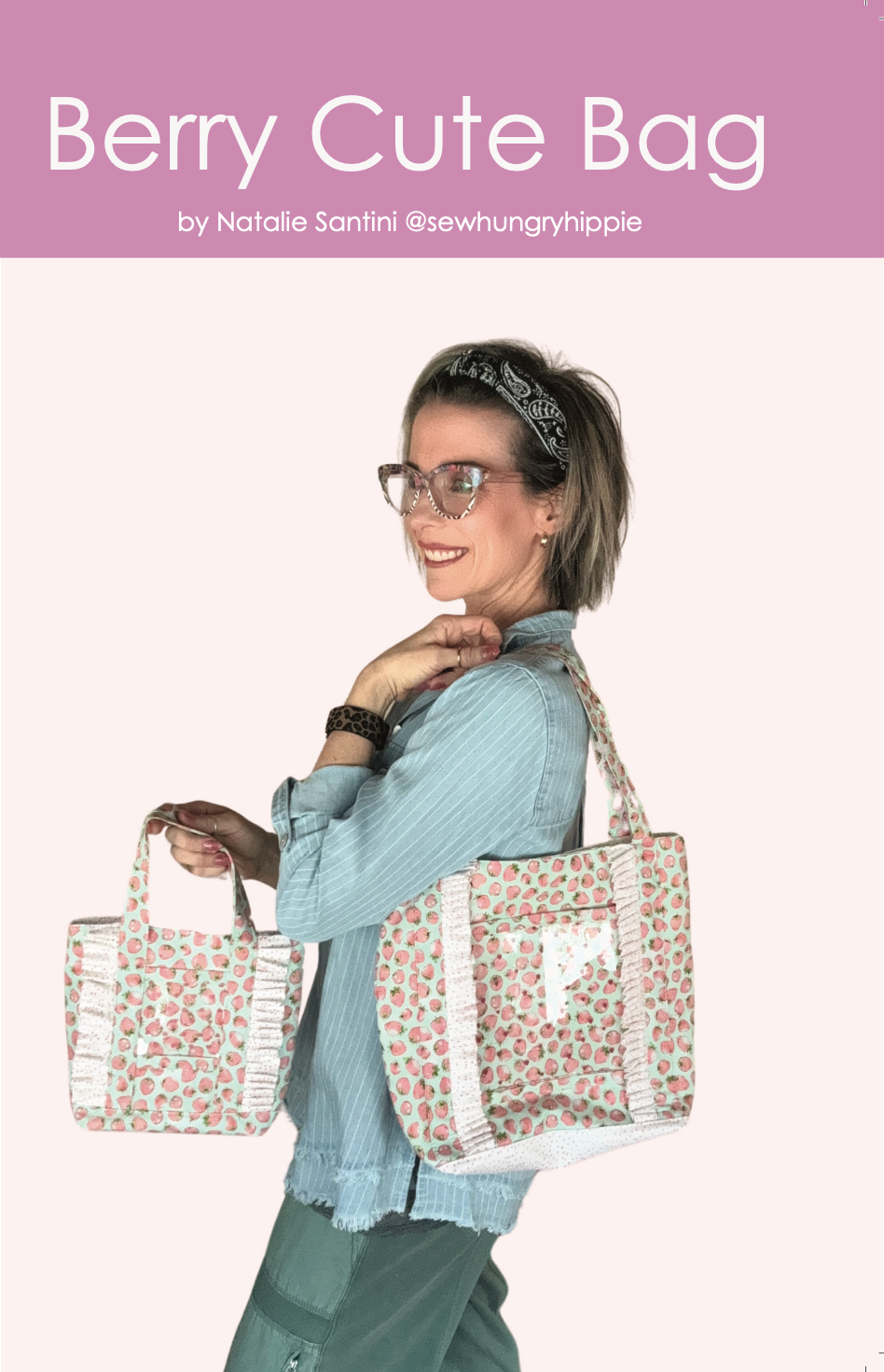 Natalie holding two bags with a white background and text about 'Berry Cute Bag' by Natalie Santini.