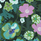 Modern, retro-inspired floral rayon fabric featuring large graphic blossoms in lavender, turquoise, and lime green with white accents, set against a dark forest green background.
