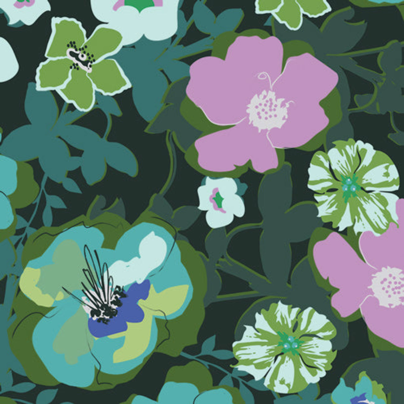 Modern, retro-inspired floral rayon fabric featuring large graphic blossoms in lavender, turquoise, and lime green with white accents, set against a dark forest green background.
