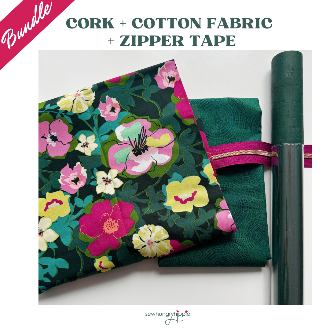 Green cork roll paired with pink floral cotton fabric, coordinating green radiance fabric, and bright pink zipper tape bundle for bag making and sewing projects
