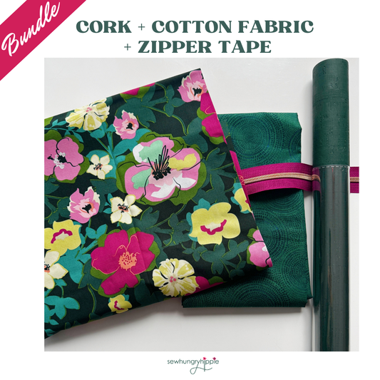 Green cork roll paired with pink floral cotton fabric, coordinating green radiance fabric, and bright pink zipper tape bundle for bag making and sewing projects