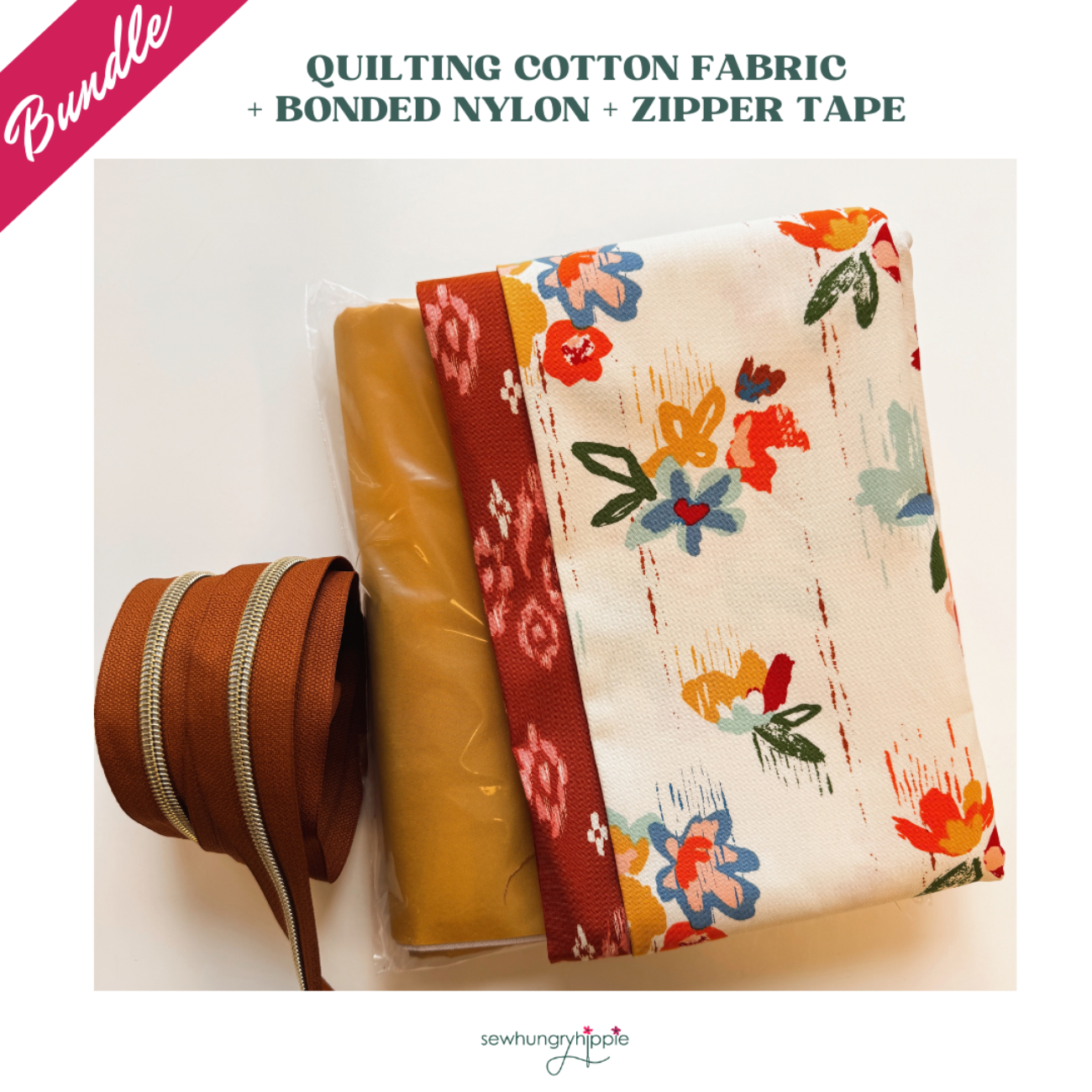 Boho haven sewing bundle with quilting cotton fabric, bonded nylon, and matching zipper tape for bag making