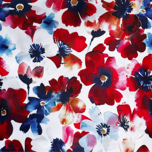 Classic Floral Bonded Nylon Fabric with Red and Blue Watercolor Flowers