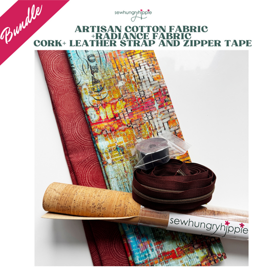 Brown Artisan sewing bundle with cork, cotton fabric, leather strap, and zipper tape