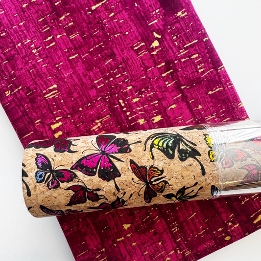 Butterfly print cork fabric roll with coordinating wineberry Uncorked fabric for bag making and sewing projects