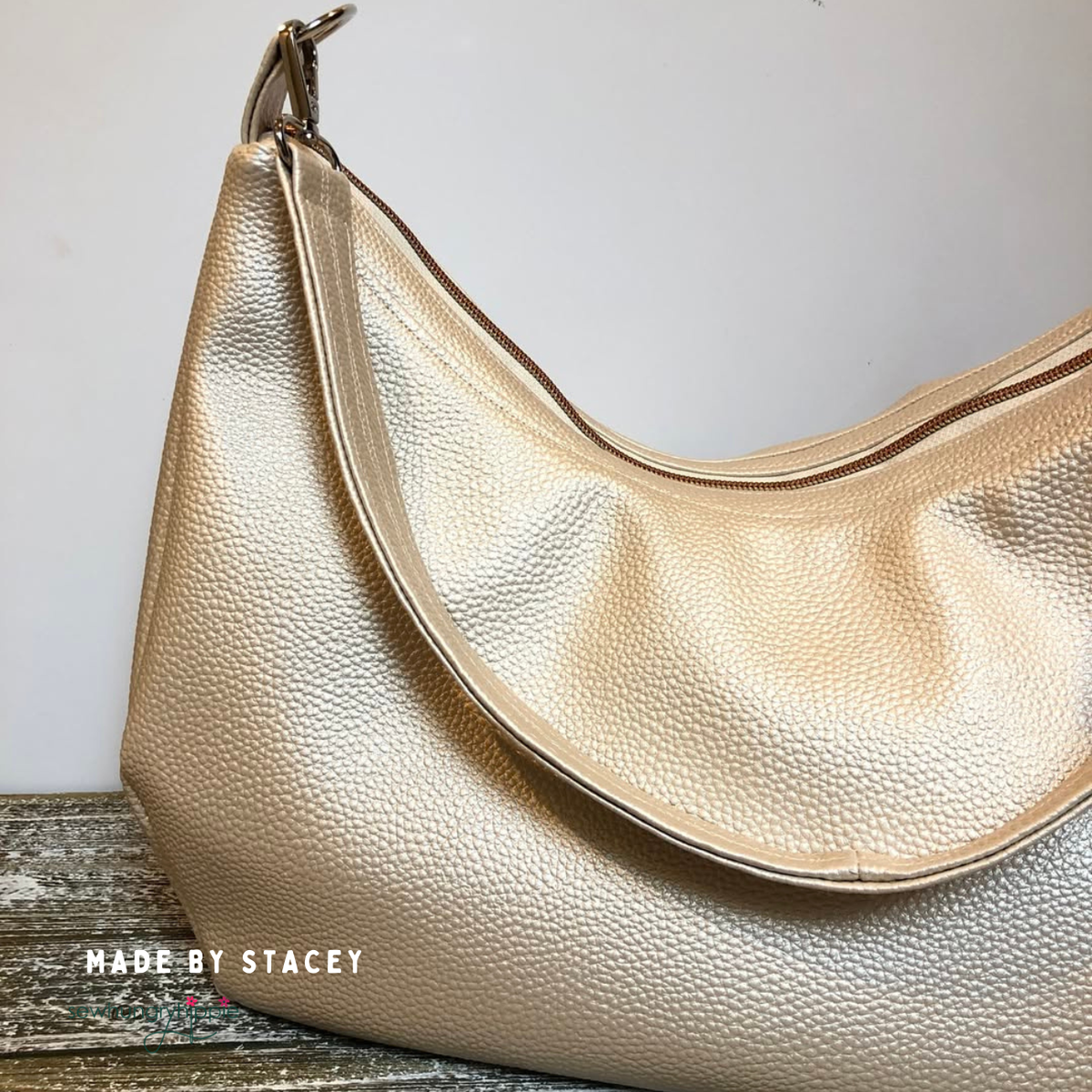 Slouchy hobo bag in Champagne Moonglow vinyl, made by Stacey
