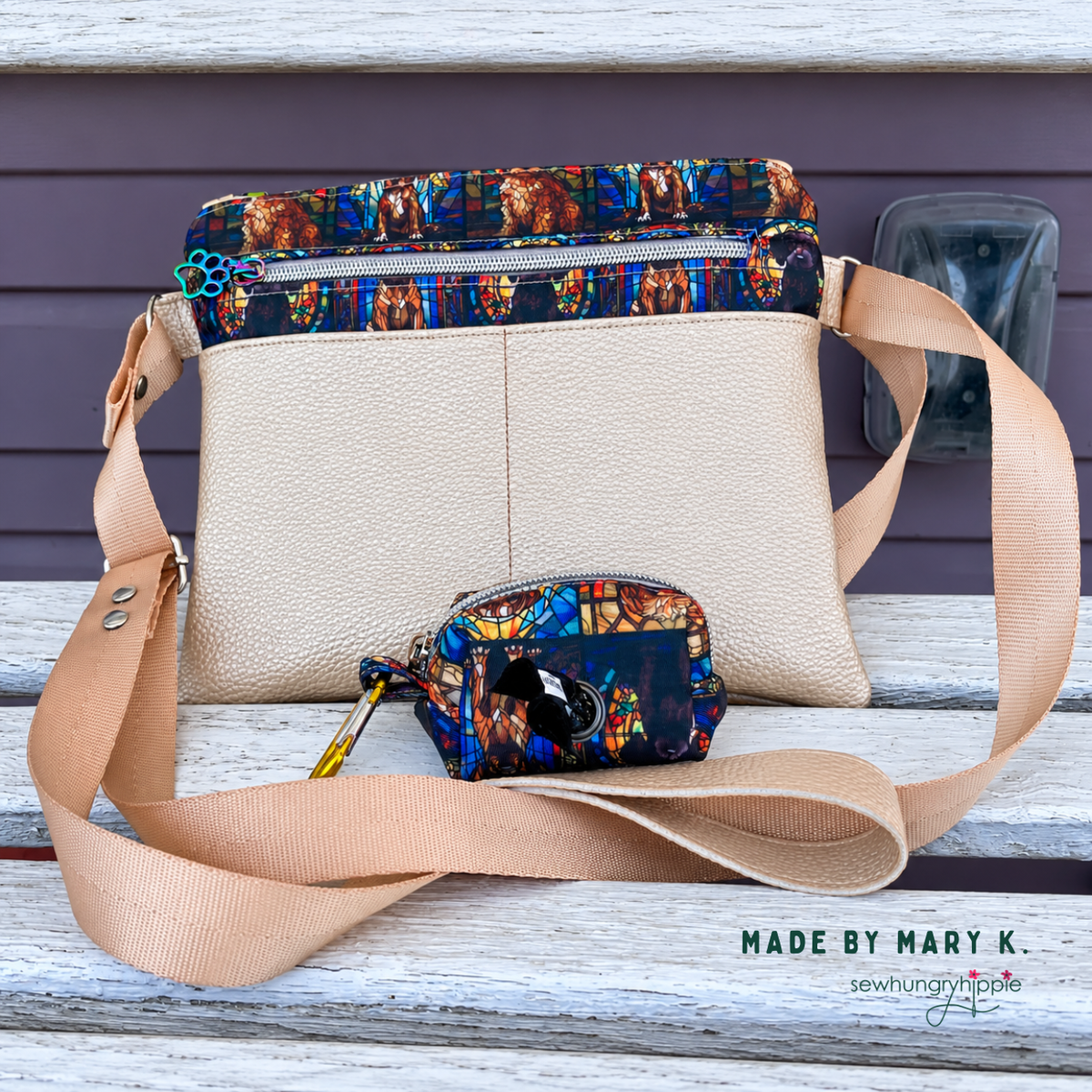 Champagne Moonglow vinyl crossbody bag with stained glass print top band and matching mini pouch, made by Mary K.