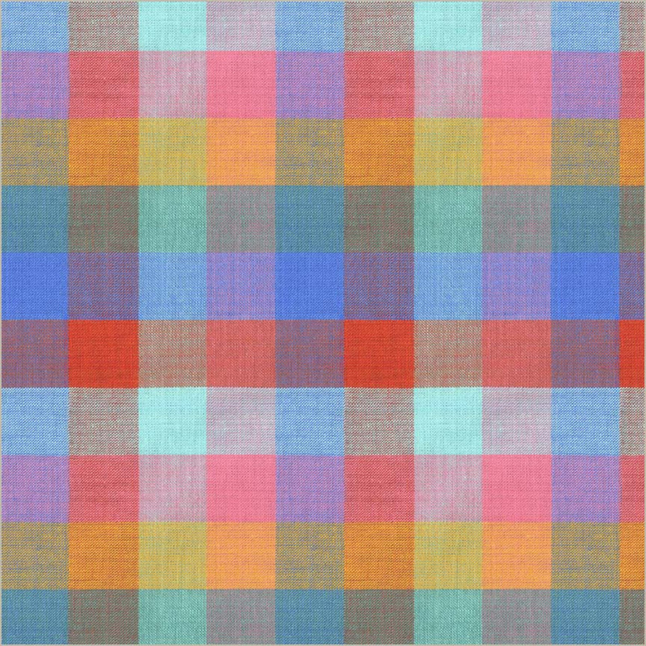 Seamless full-bleed pattern of a large-scale rainbow check plaid fabric. The woven texture shows intersecting blocks of coral red, orange, golden yellow, Kelly green, teal, sky blue, purple, and bright pink.