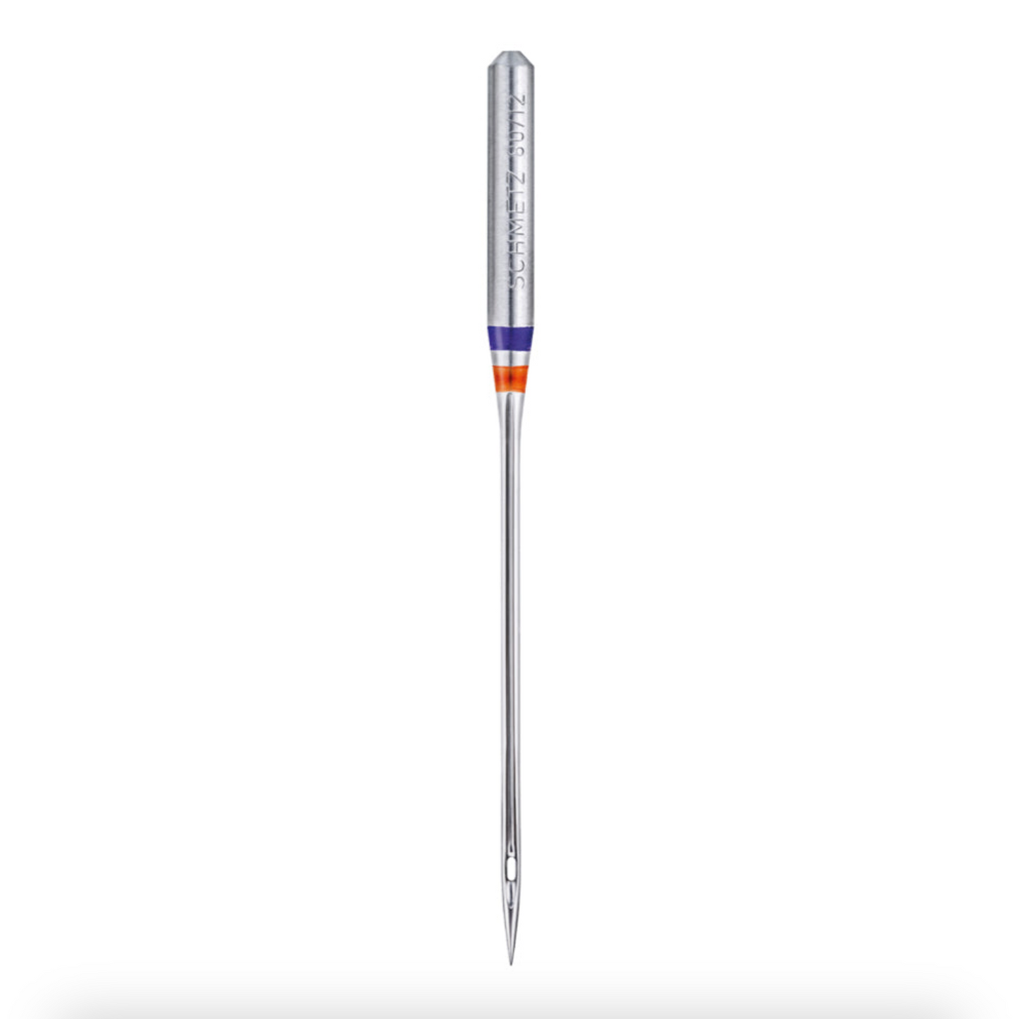 Single Schmetz Chrome Microtex needle on a white background