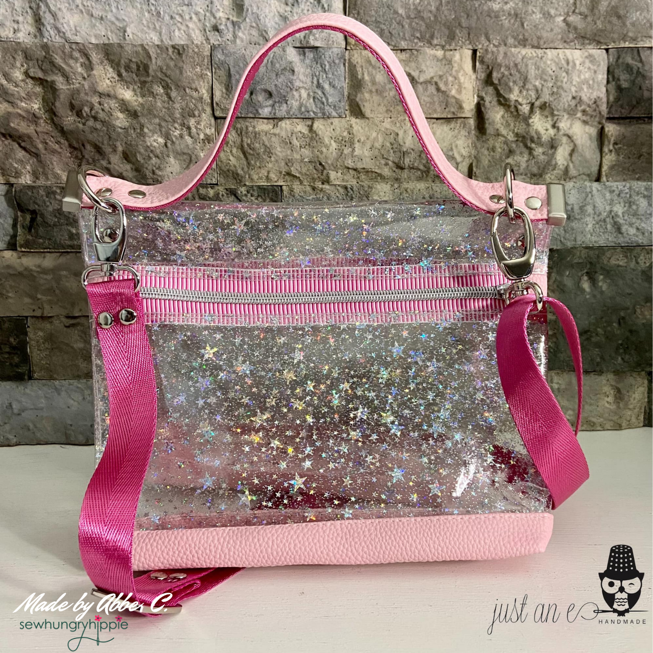 pink and transparent star glitter vinyl handmade make up bag