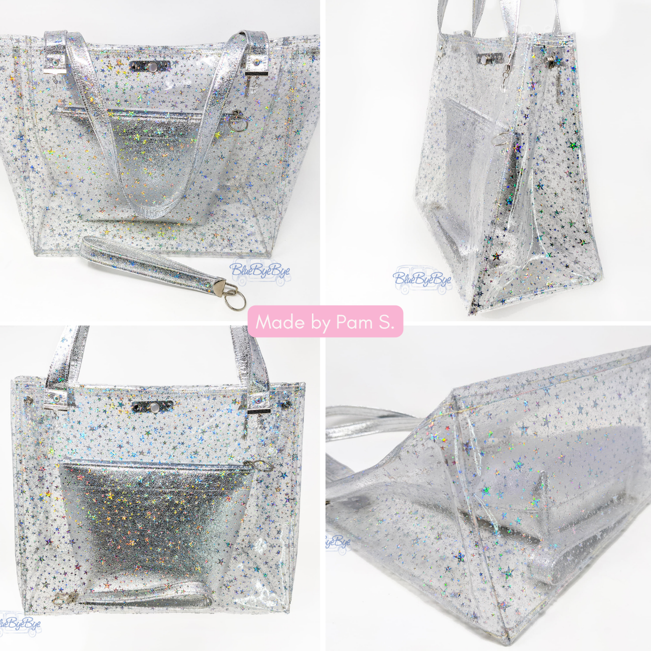 Clear star glitter vinyl shoulder bag featuring tiny iridescent stars and silver crackle texture metallic handles.