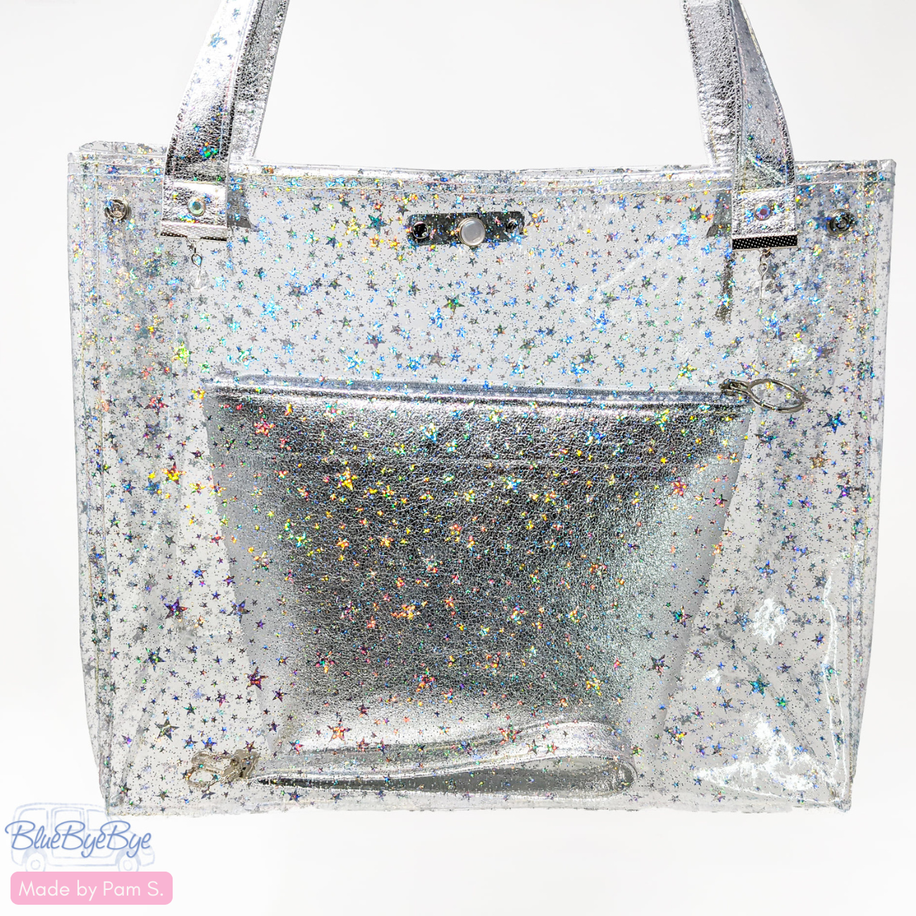 Transparent star glitter vinyl shoulder bag featuring tiny iridescent stars and silver crackle texture metallic handles.