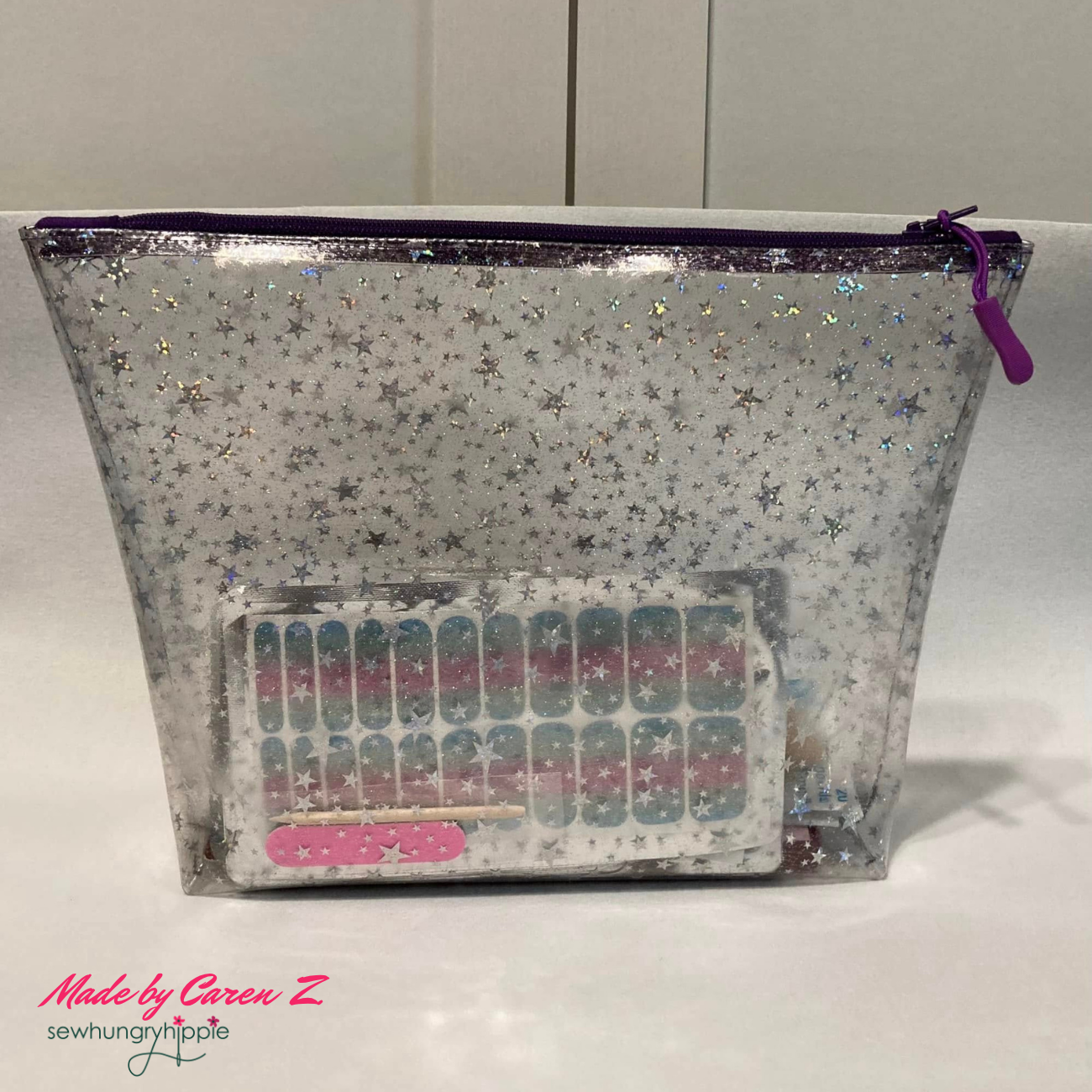 transparent star glitter vinyl used for handmade organizer pouch