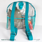 Back of clear vinyl backpack showing teal webbing shoulder straps, made by Elizabeth B.