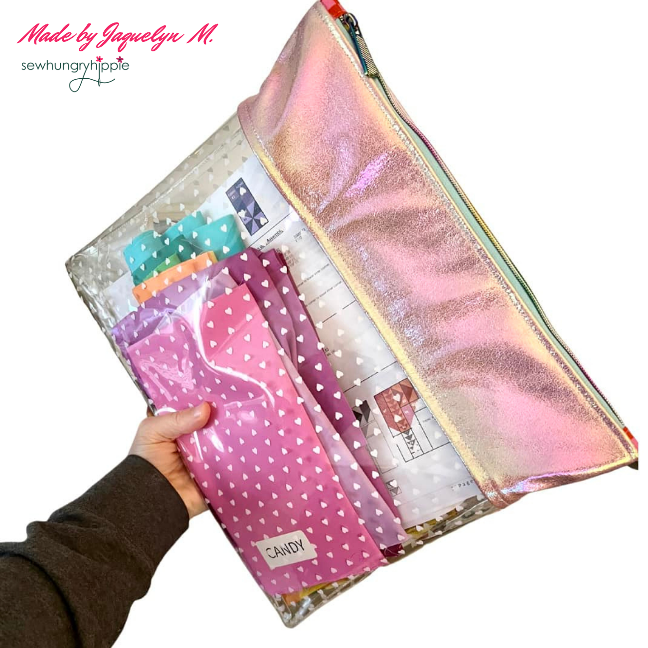 handmade comet case organizer using transparent vinyl with small white heart print