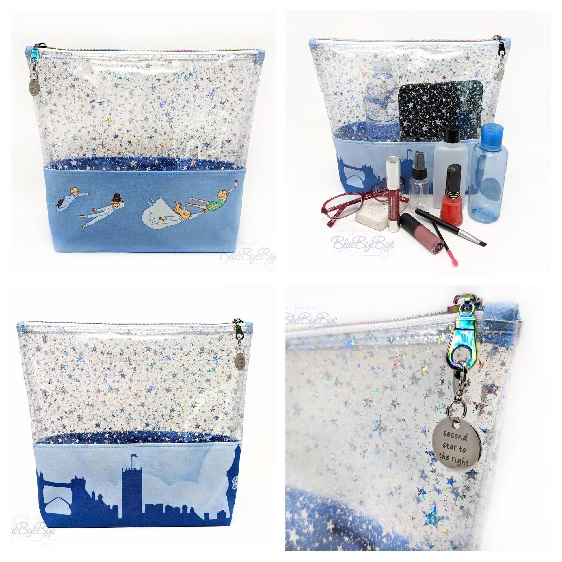 Clear glitter star vinyl cosmetic bag with Peter Pan character illustrations, London skyline base, and rainbow zipper hardware.