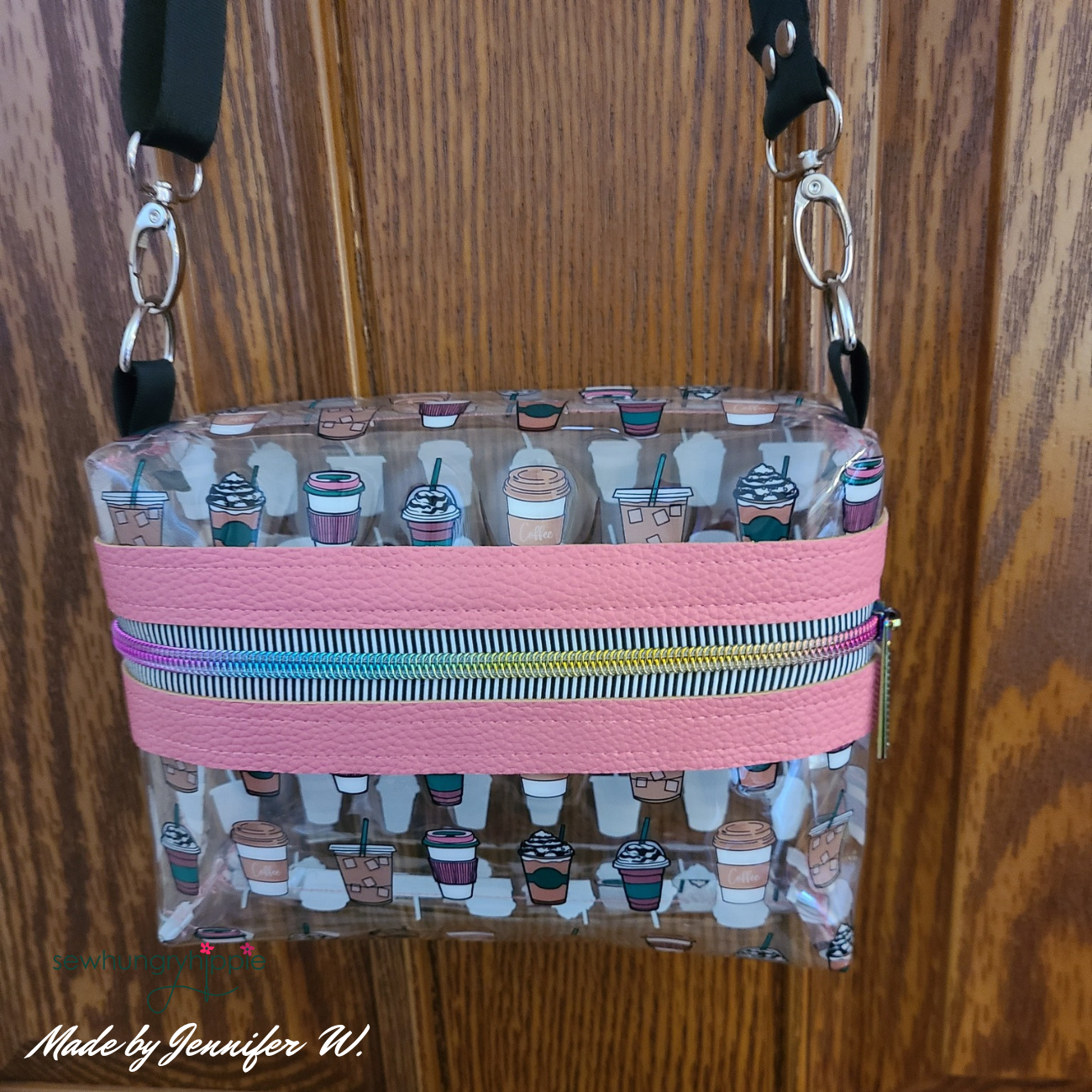 handmade mini bag using coffee print transparent vinyl fabric