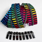Colorful striped zippers and black zipper pulls on a white background
