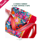 Sewing bundle featuring FreeSpirit Fabrics Star Multi Colori by Este MacLeod, Ruby Star Society Horizon Plaid in red, and SewHungryHippie striped zipper tape.