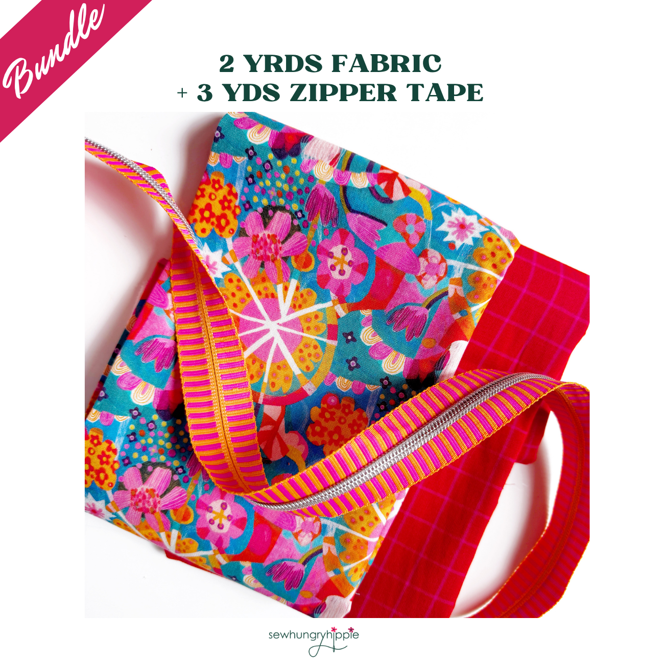 Sewing bundle featuring FreeSpirit Fabrics Star Multi Colori by Este MacLeod, Ruby Star Society Horizon Plaid in red, and SewHungryHippie striped zipper tape.