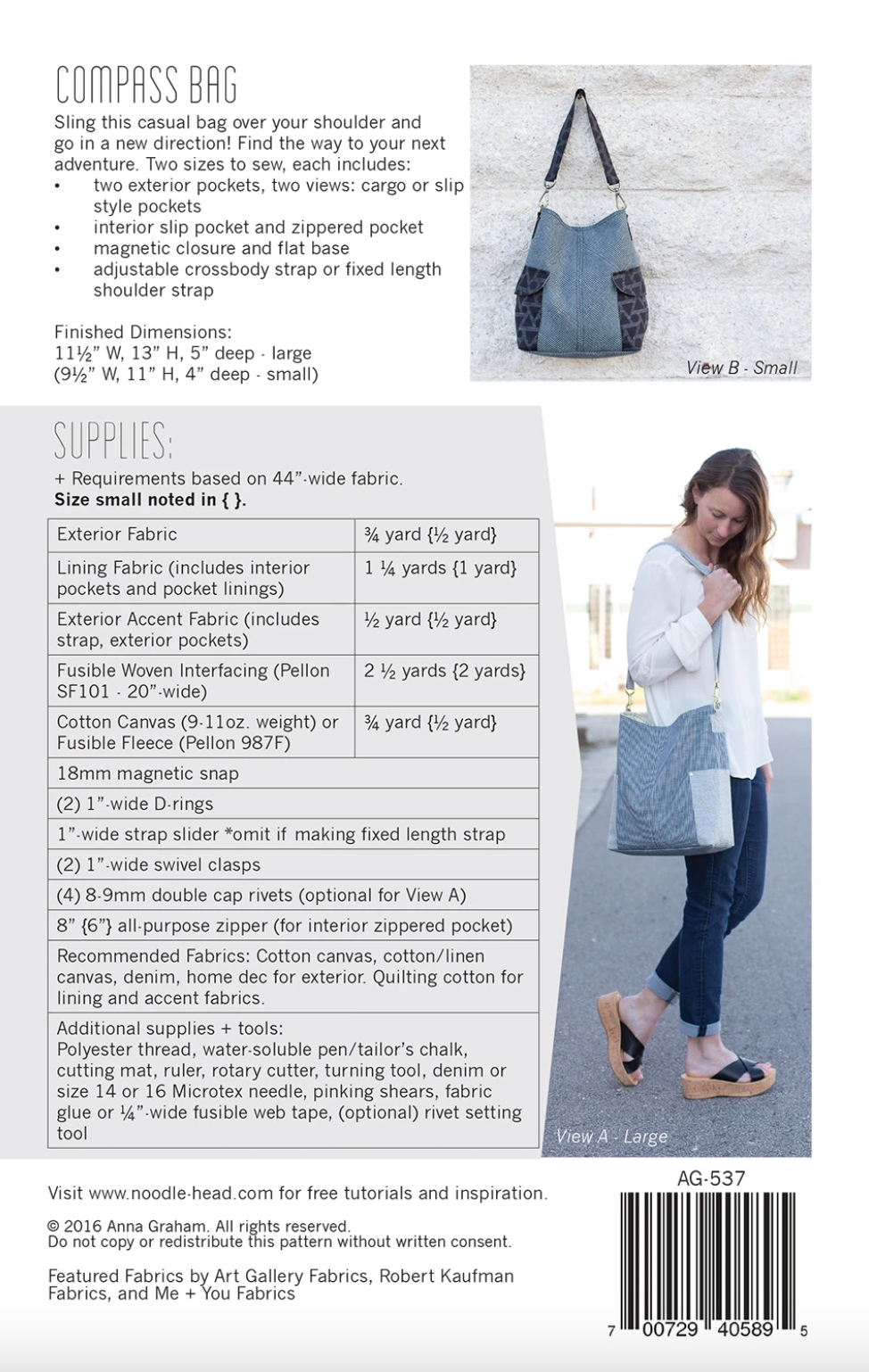 Pattern leaflet for Compass Bag with fabric requirements and a photo of a woman carrying the bag.