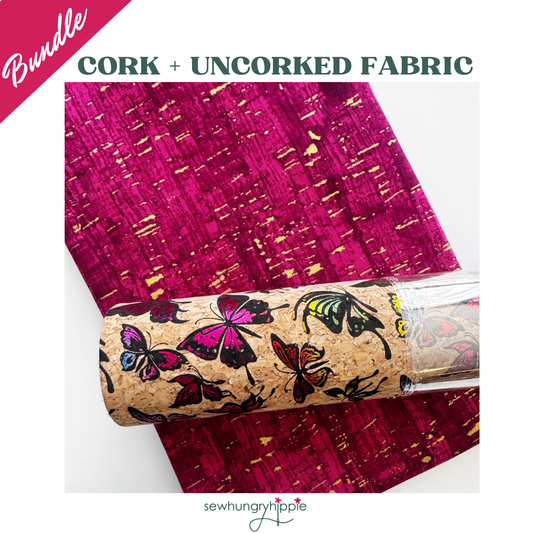 Butterflies cork roll and Uncorked wineberry fabric yard curated bundle for bag and pouch making