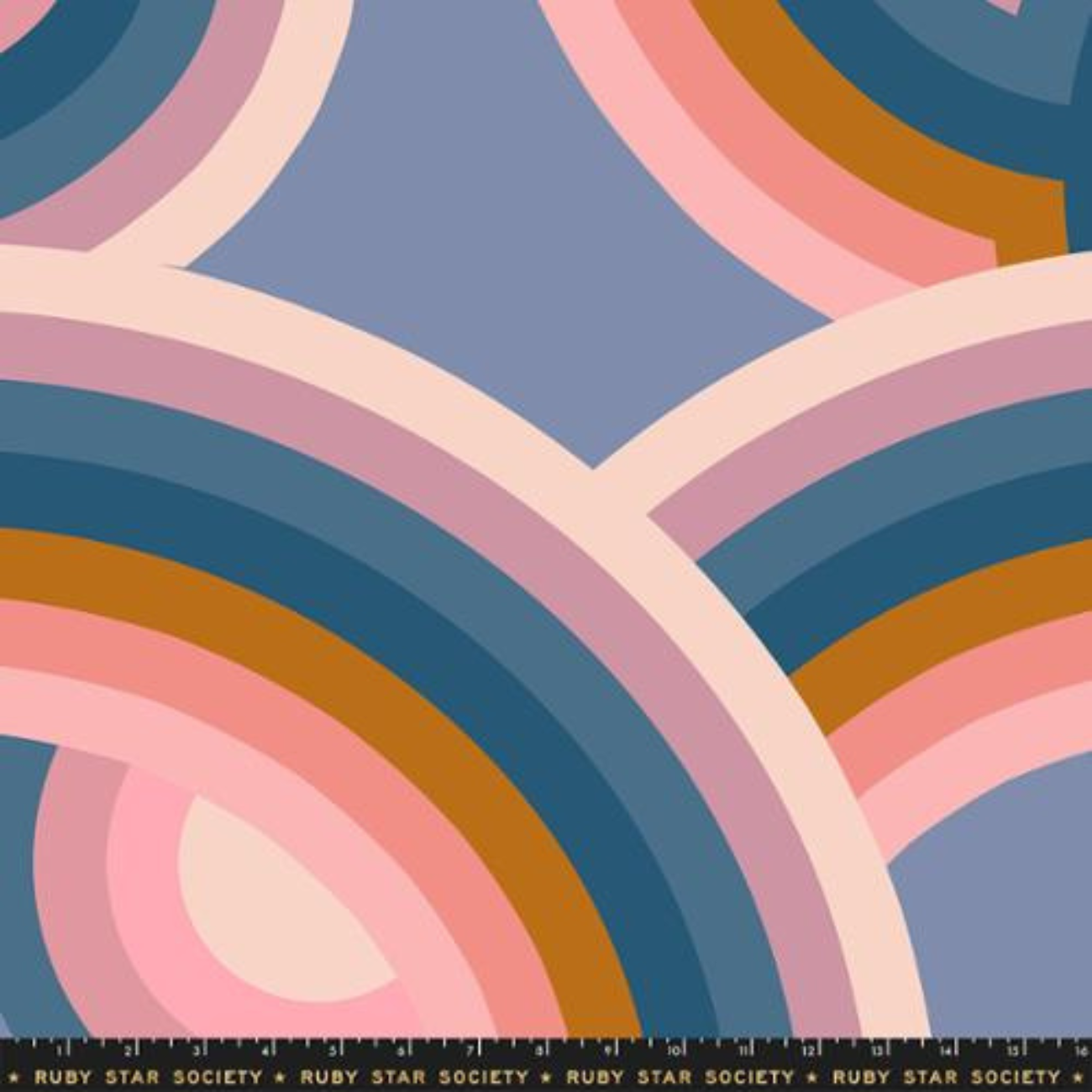 Ruby Star Society retro rainbow arch fabric in pink, blue, and ochre