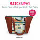 A tote bag made from denim fabric, moonglow vinyl, and yard fabric, featuring a brown textured faux-leather side and handle with a colorful abstract geometric print on the front. The bag is displayed on a white background with promotional text overlays.