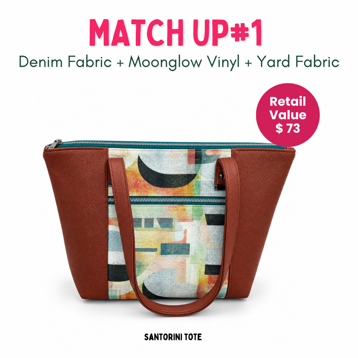 A tote bag made from denim fabric, moonglow vinyl, and yard fabric, featuring a brown textured faux-leather side and handle with a colorful abstract geometric print on the front. The bag is displayed on a white background with promotional text overlays.