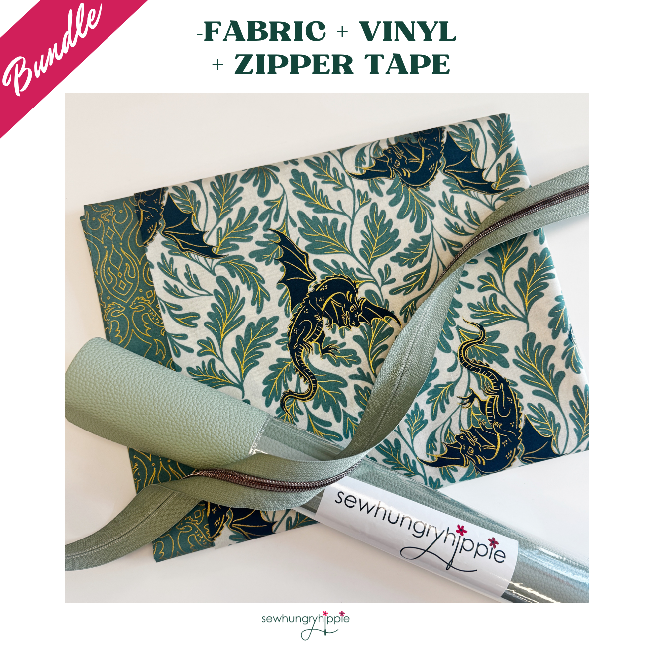 image showcases coordinating materials including a teal and gold dragon motif cotton fabric, a roll of textured sage green vinyl, and matching sage zipper tape on a clean white background.