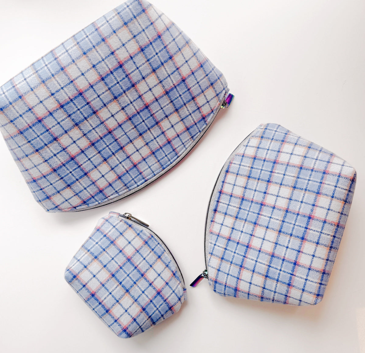 Three dylan domes in Robert Kaufman Mammoth Flannel blue cream plaid cream