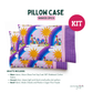 DIY pillowcase sewing kit for 2 pieces showing purple rainbow Alison Glass cotton fabric and Moda plaid border fabric with printed text details.