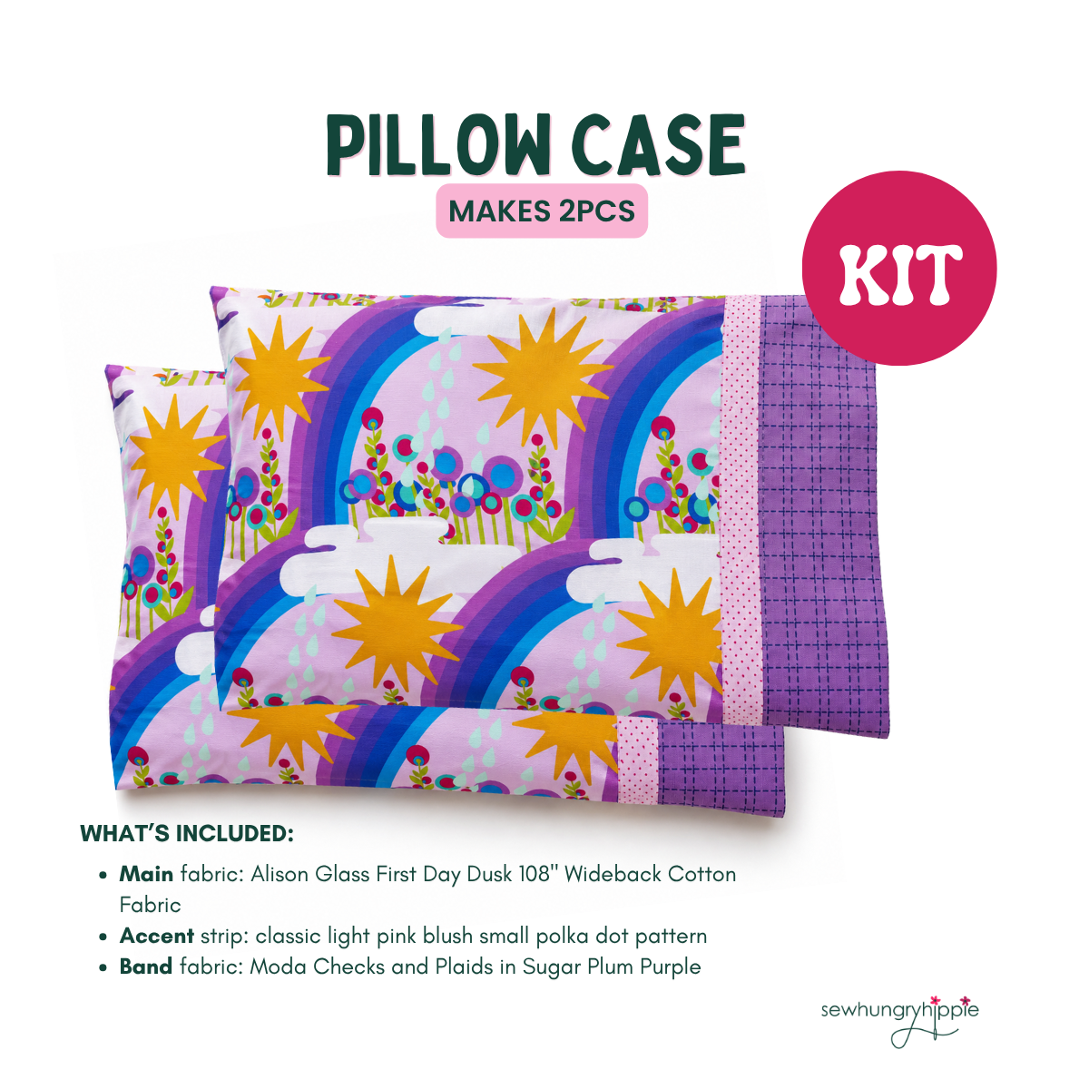 DIY pillowcase sewing kit for 2 pieces showing purple rainbow Alison Glass cotton fabric and Moda plaid border fabric with printed text details.
