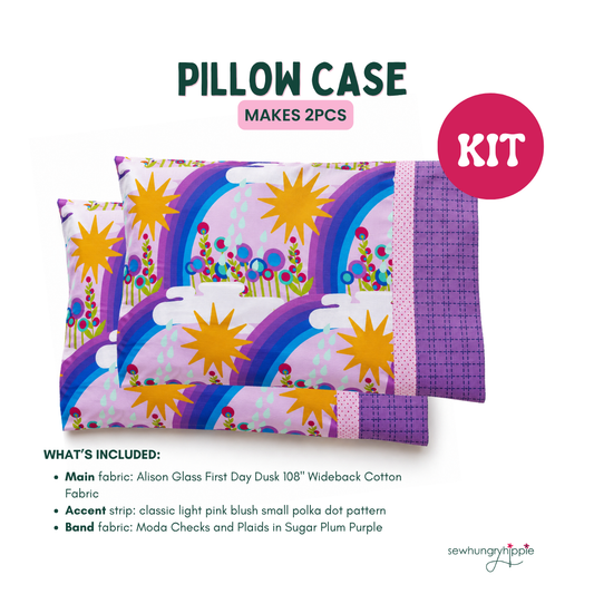 DIY pillowcase sewing kit for 2 pieces showing purple rainbow Alison Glass cotton fabric and Moda plaid border fabric with printed text details.