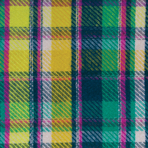 Plaid fabric with green, yellow, and purple colors