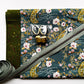 Sewing and bag crafting kit featuring a teal fabric with a peacock and floral pattern, paired with green speckled red yellow accent fabric, a zipper sage green, and bronze tassle hardware.