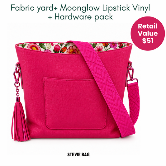 A bright pink fabric crossbody bag with a floral-patterned interior lining, a matching pink strap, and a tassel charm, shown on a white background with promotional text reading 'MATCH UP#2' and 'STEVIE BAG'.