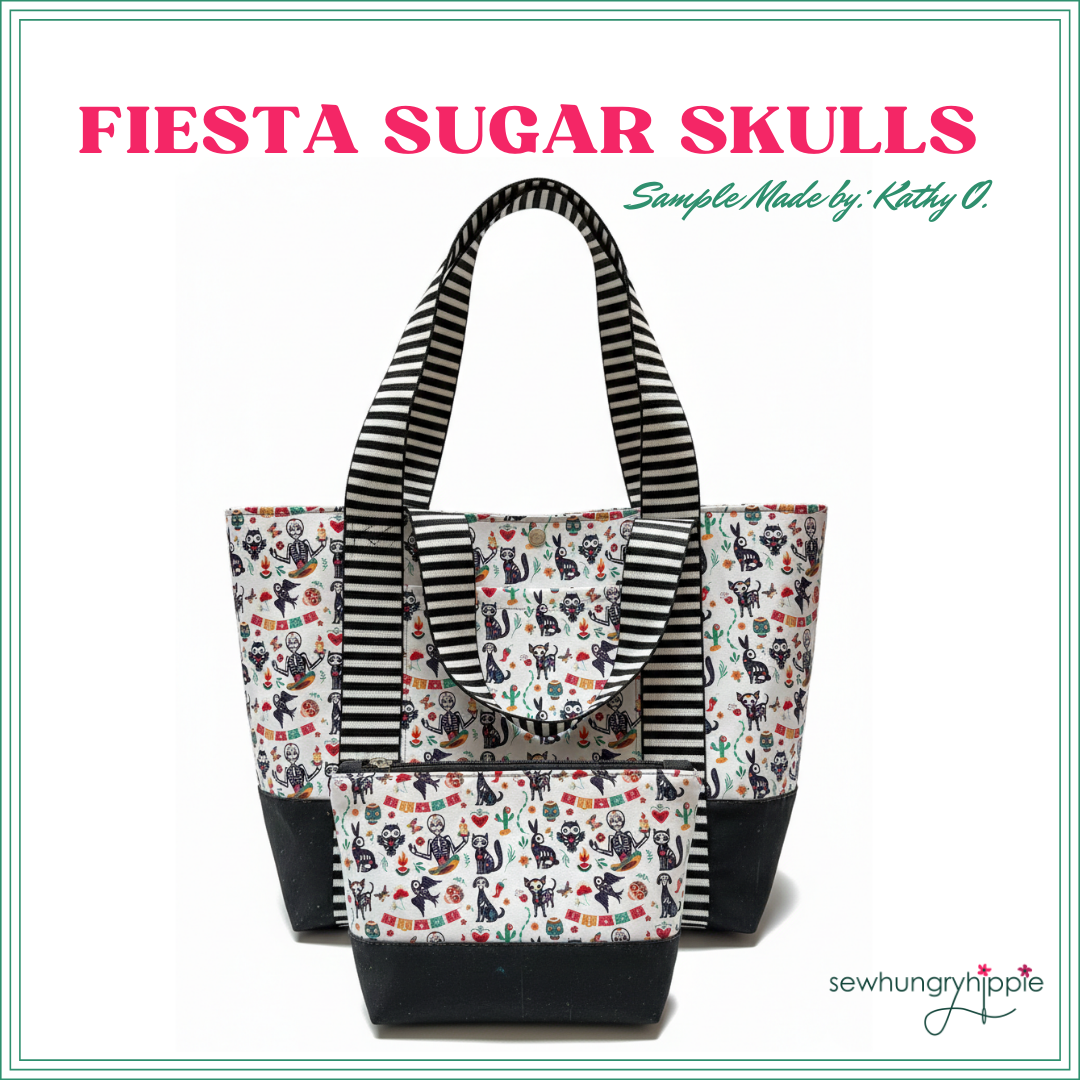 A handmade tote bag and matching pouch featuring a "Fiesta Sugar Skulls" printed vinyl fabric by SewHungryhippie.